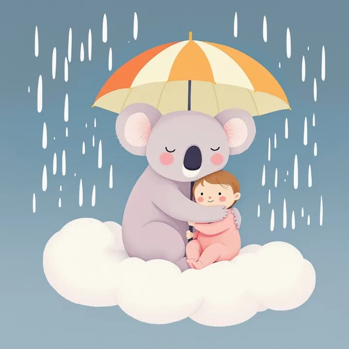 Ilustracja: koala trzyma płaczące dziecko pod parasolem na chmurze